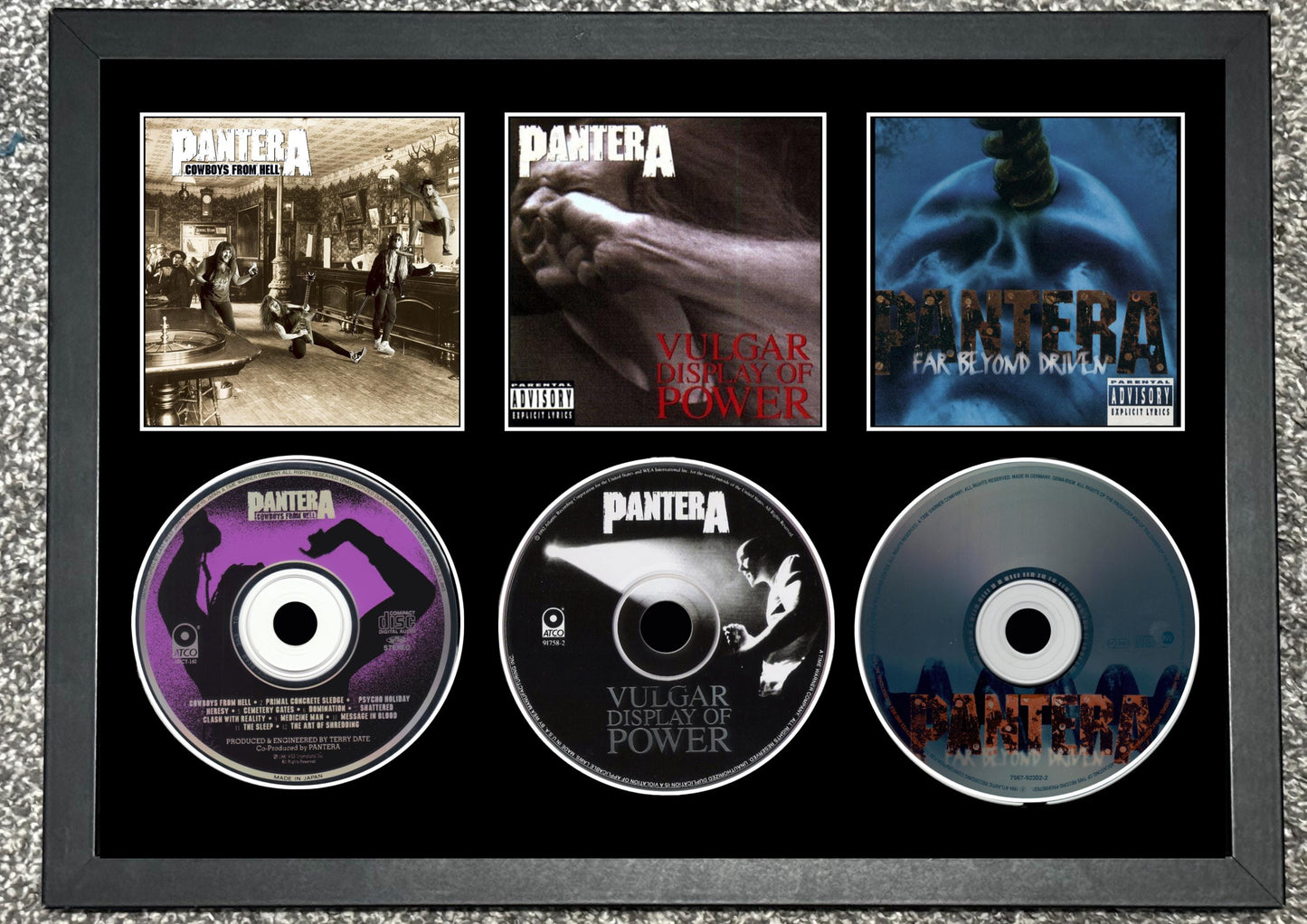 Pantera | Cowboys From Hell | Vulgar Display Of Power | Far Beyond Driven | Retro Triple CD Wall Display | Frame Not Included |