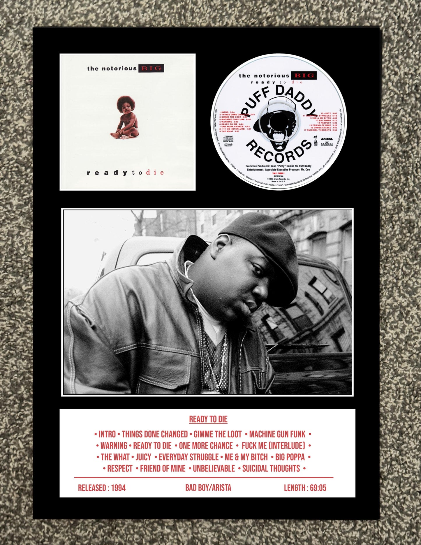 The Notorious BIG | Ready To Die | Retro Mounted CD Wall Display | Frame Not Included |