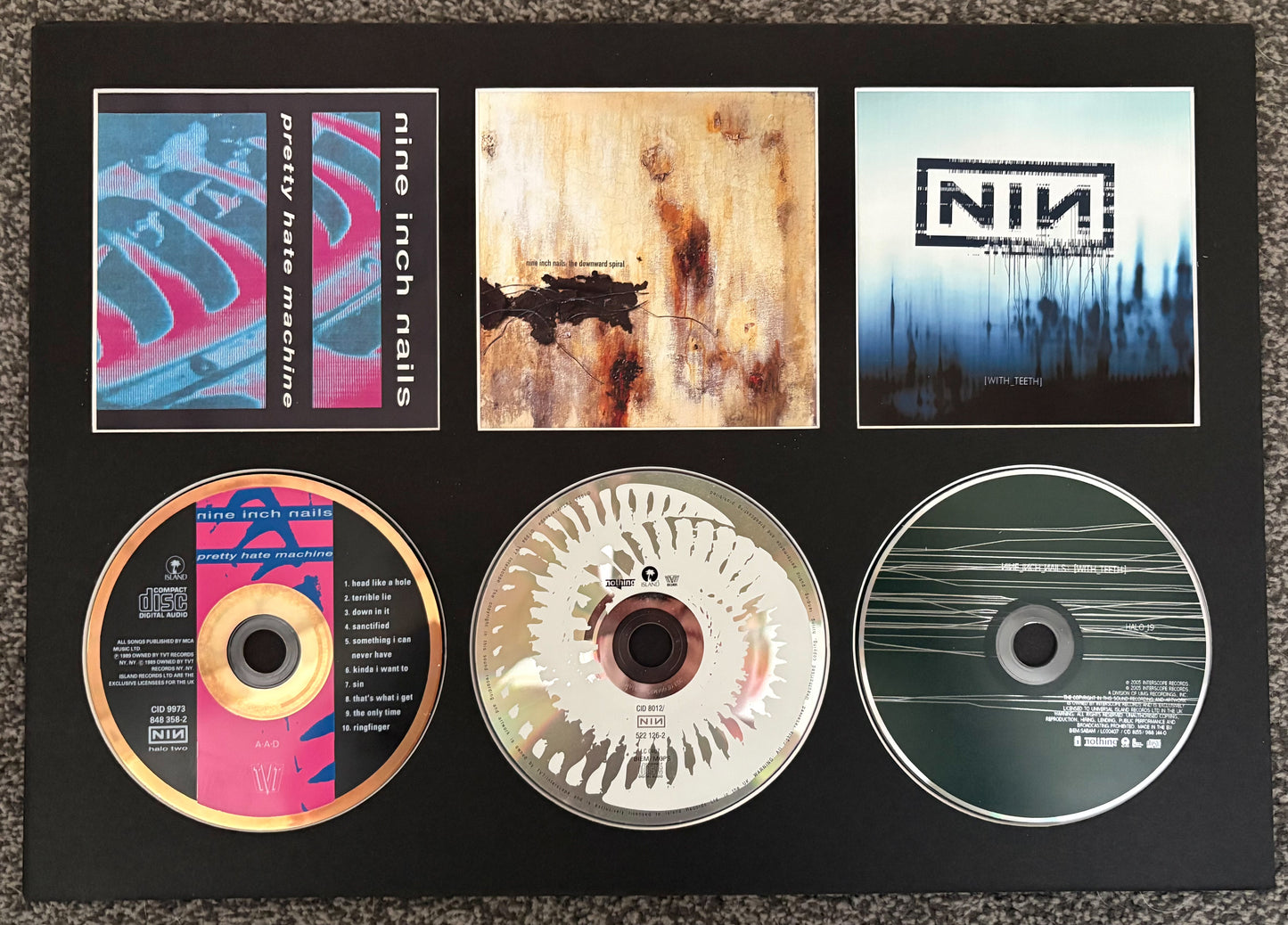 Nine Inch Nails | Pretty Hate Machine | The Downward Spiral | With Teeth | Triple Retro Mounted CD Wall Display | Frame Not Included |