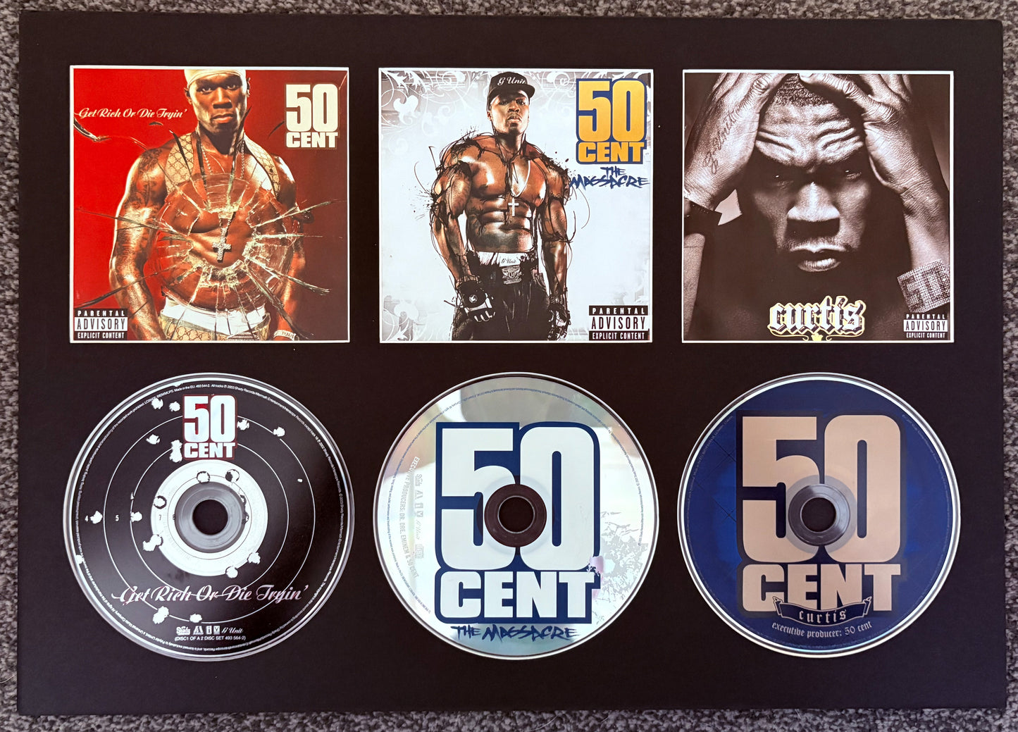 50 Cent | Get Rich or Die Tryin’ | The Massacre | Curtis | Triple Retro Mounted CD Wall Display | Frame Not Included |