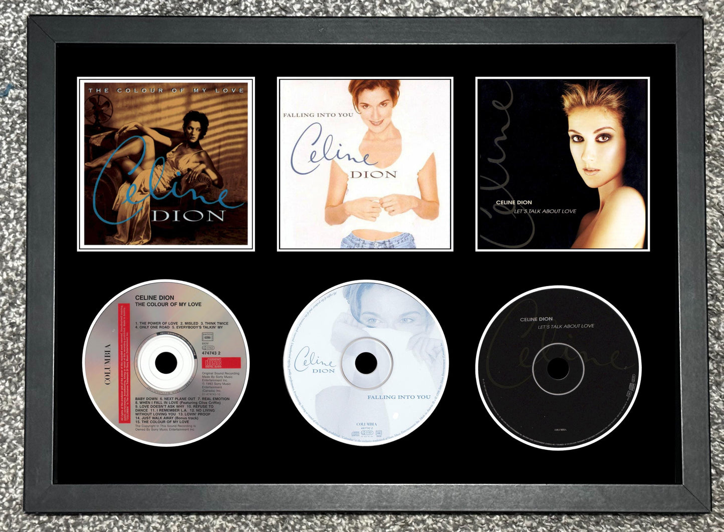 Celine Dion | The Colour Of My Love | Falling Into You | Let's Talk About Love | Retro Triple Mounted CD Wall Display | Frame Not Included