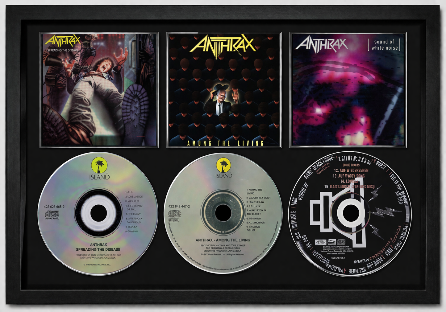 Anthrax | Spreading The Disease | Among The Living | Sound Of White Noise | Retro Triple CD Wall Display | Frame Not Included |