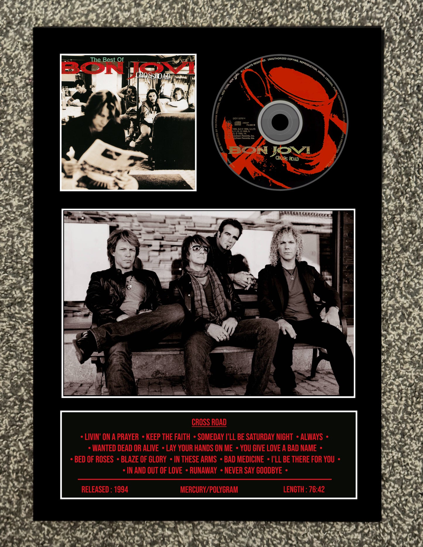 Bon Jovi | Cross Road Greatest Hits | Retro Mounted CD Wall Display | Frame Not Included |