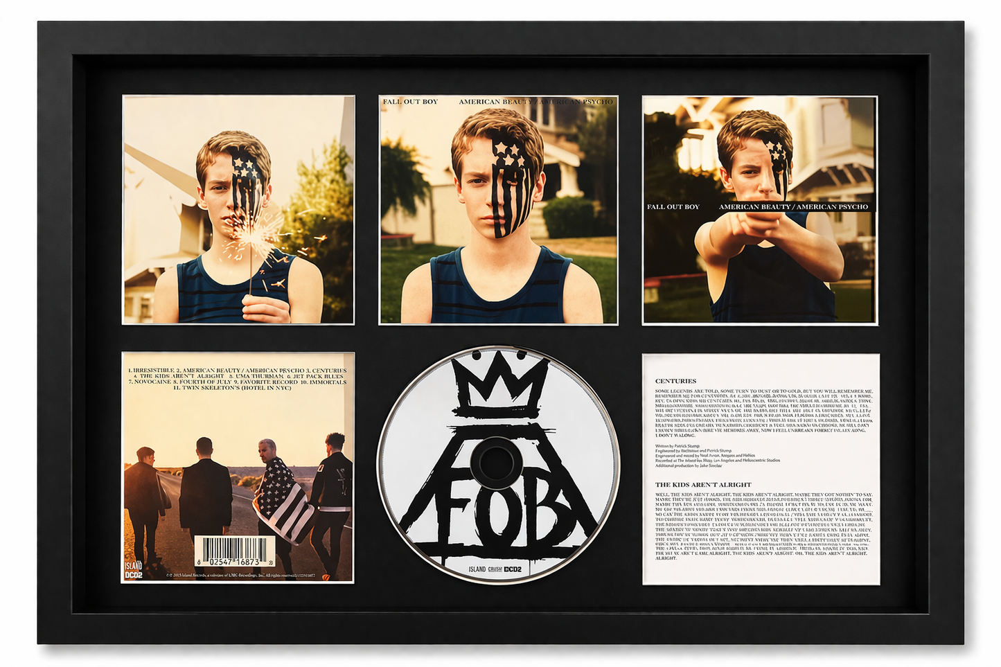 Framed album cover with photos and a disc featuring a logo and text.