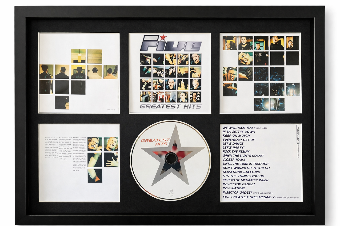 Framed album cover with disc and collage of images on a white background