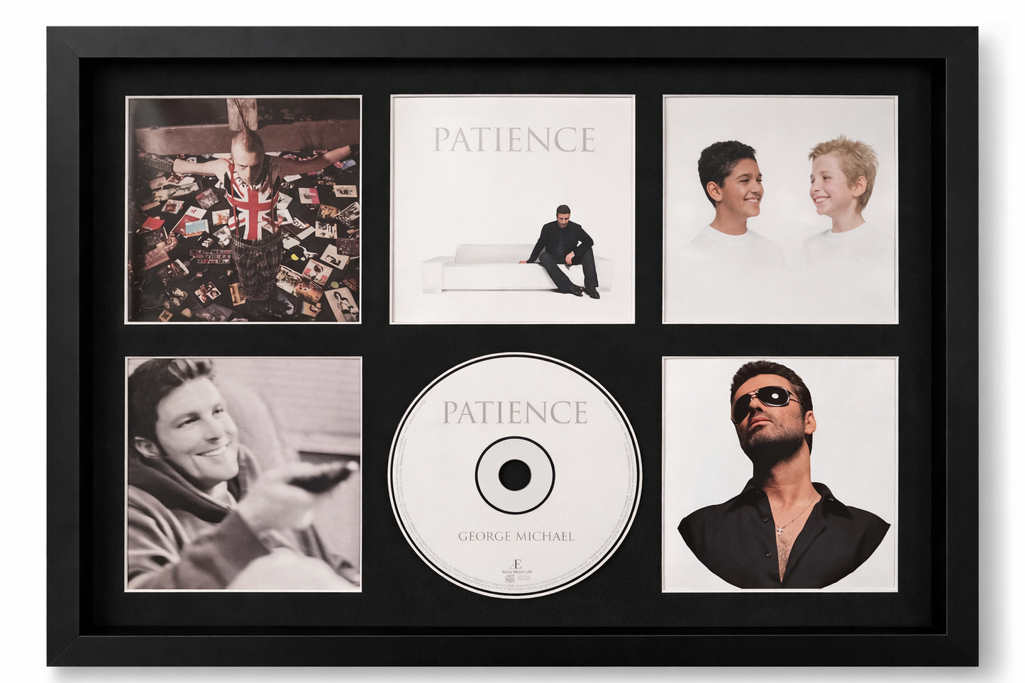 Framed display of George Michael's 'Patience' album with cover art and CD