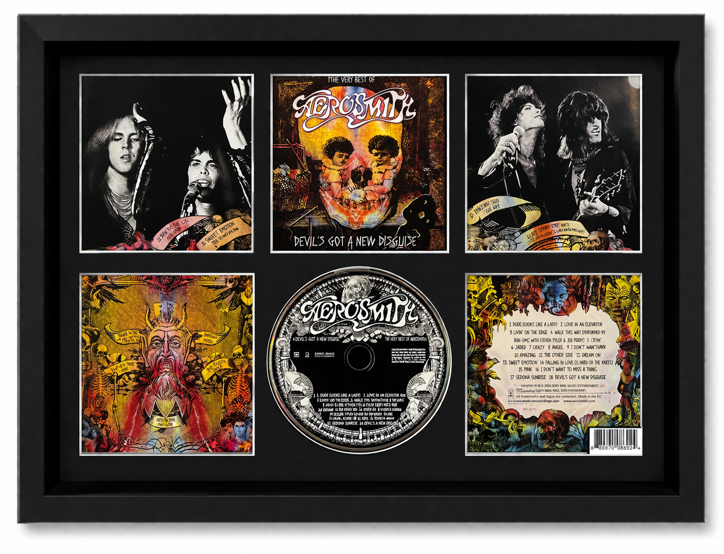 Framed album cover and disc of Black Sabbath's ' Dio' with collage of album art.