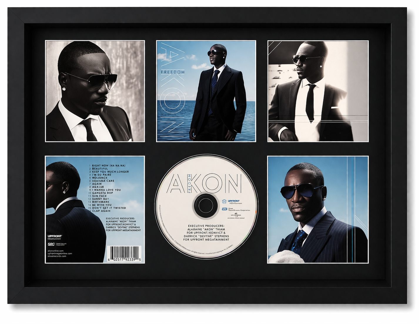Framed Akon album cover with CD and portraits