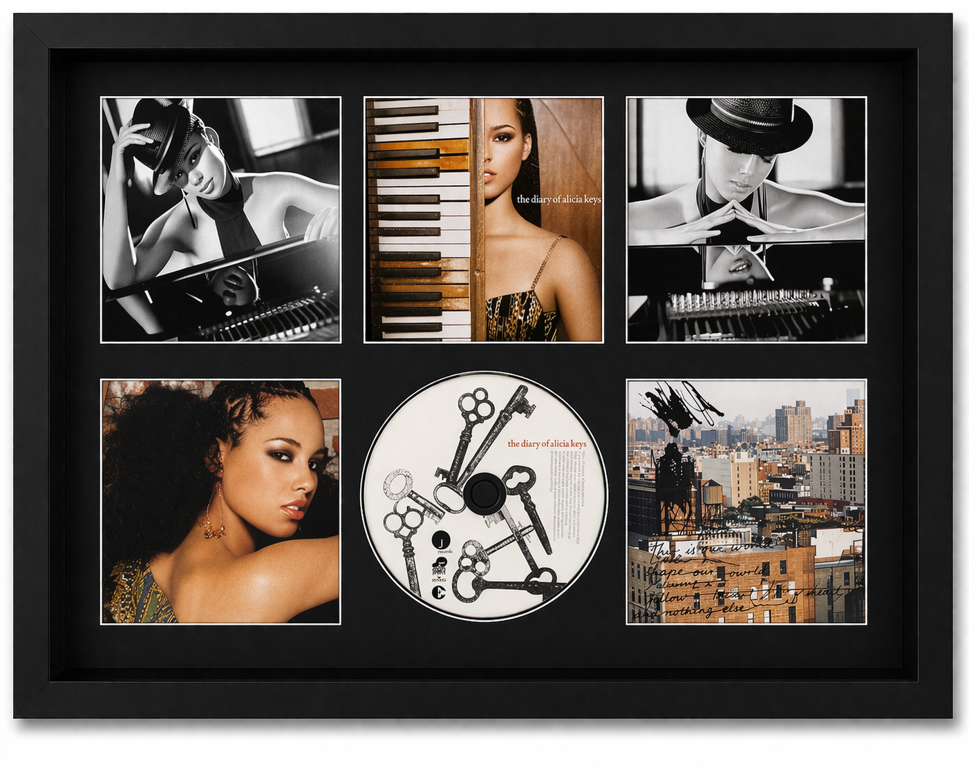 Framed collage with a CD and images of a woman, piano keys, and cityscape.