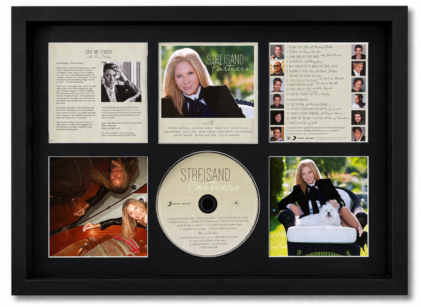 Framed display with a CD and photos of a person, including text and images.