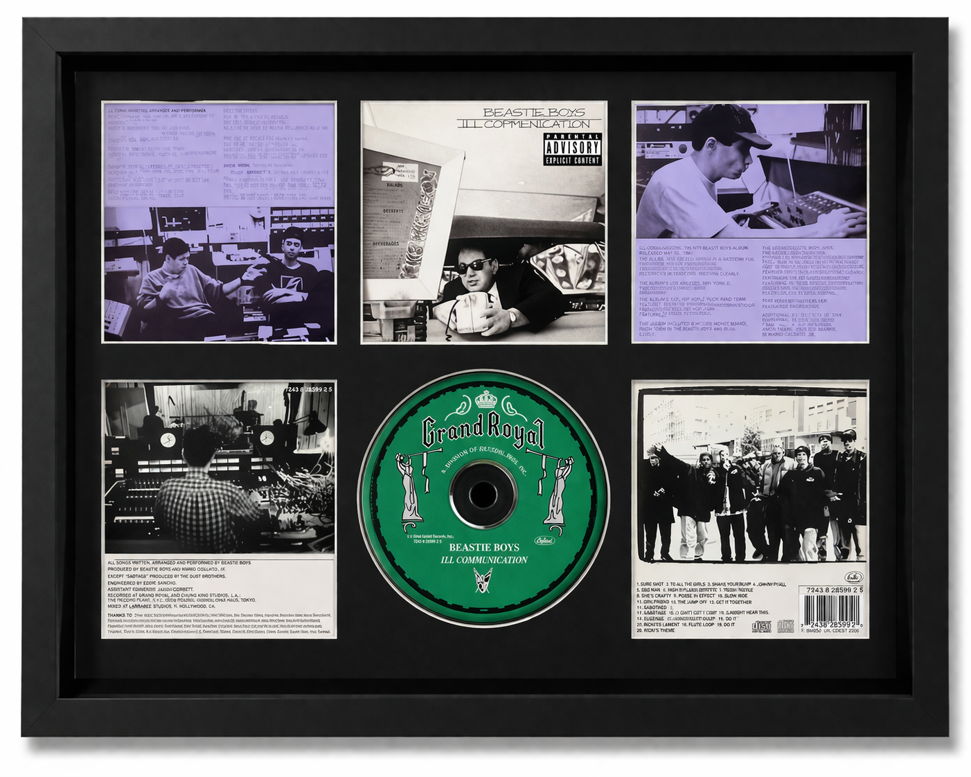 Framed collage of album covers and a green record with text and images.
