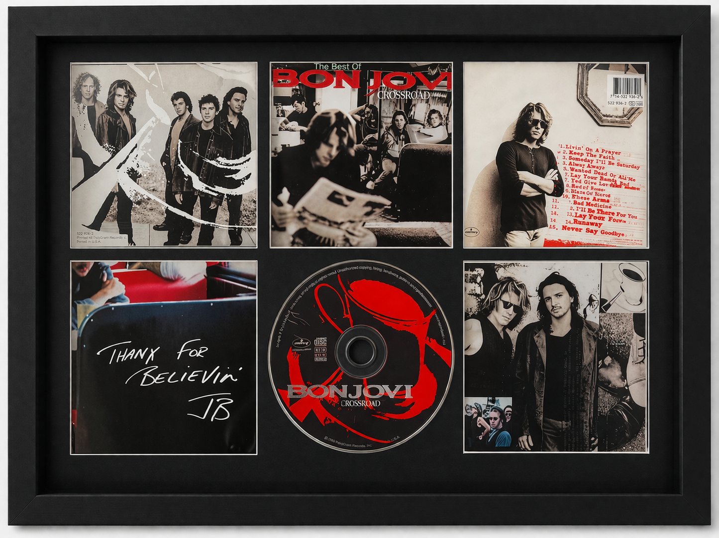 Framed album cover and related items of the band Blur, including a CD and lyrics.