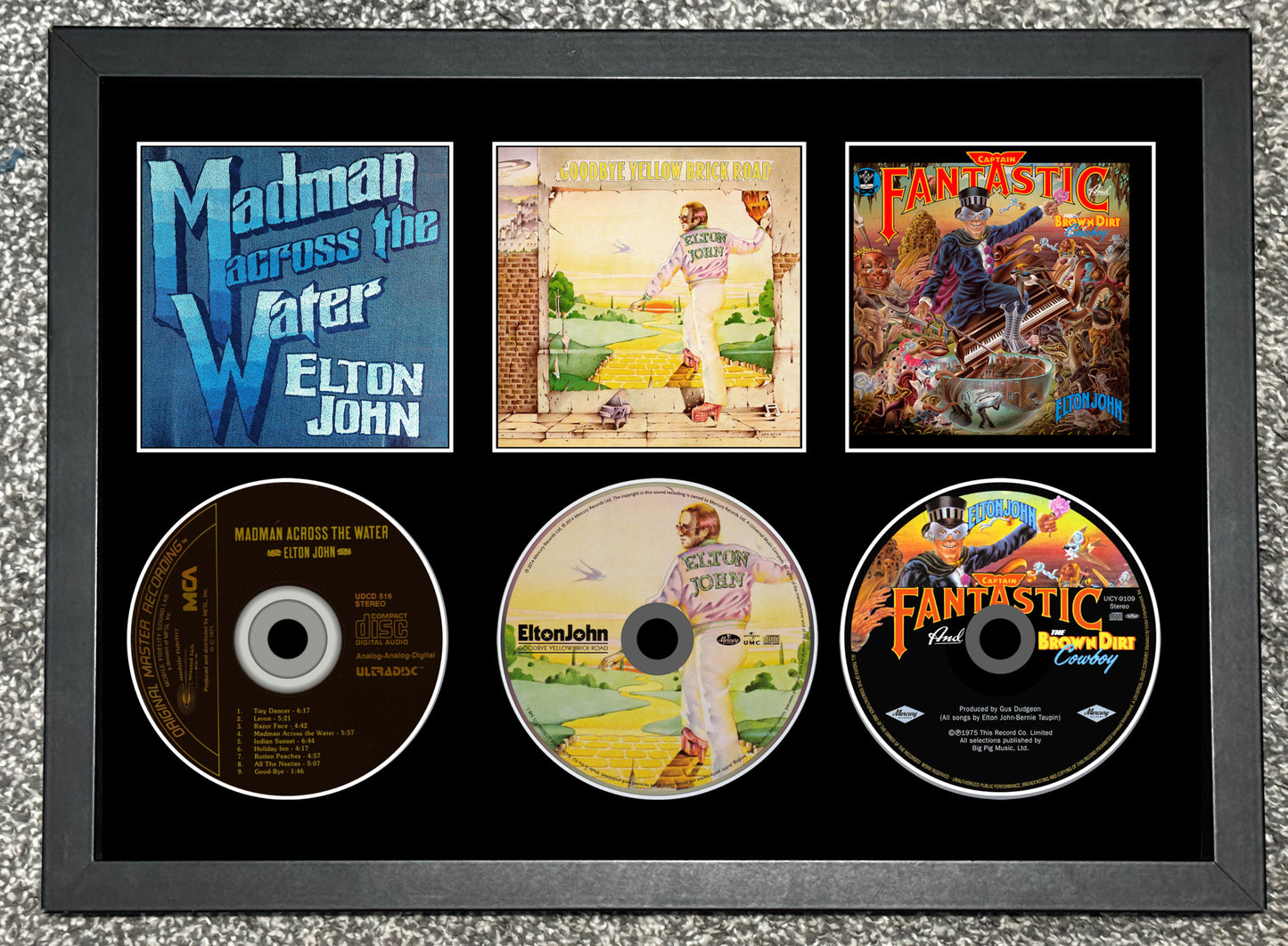 Elton John | Madman Across... | Goodbye Yellow Brick.. | Captain Fantastic... | Triple Retro Mounted CD Wall Display | Frame Not Included |