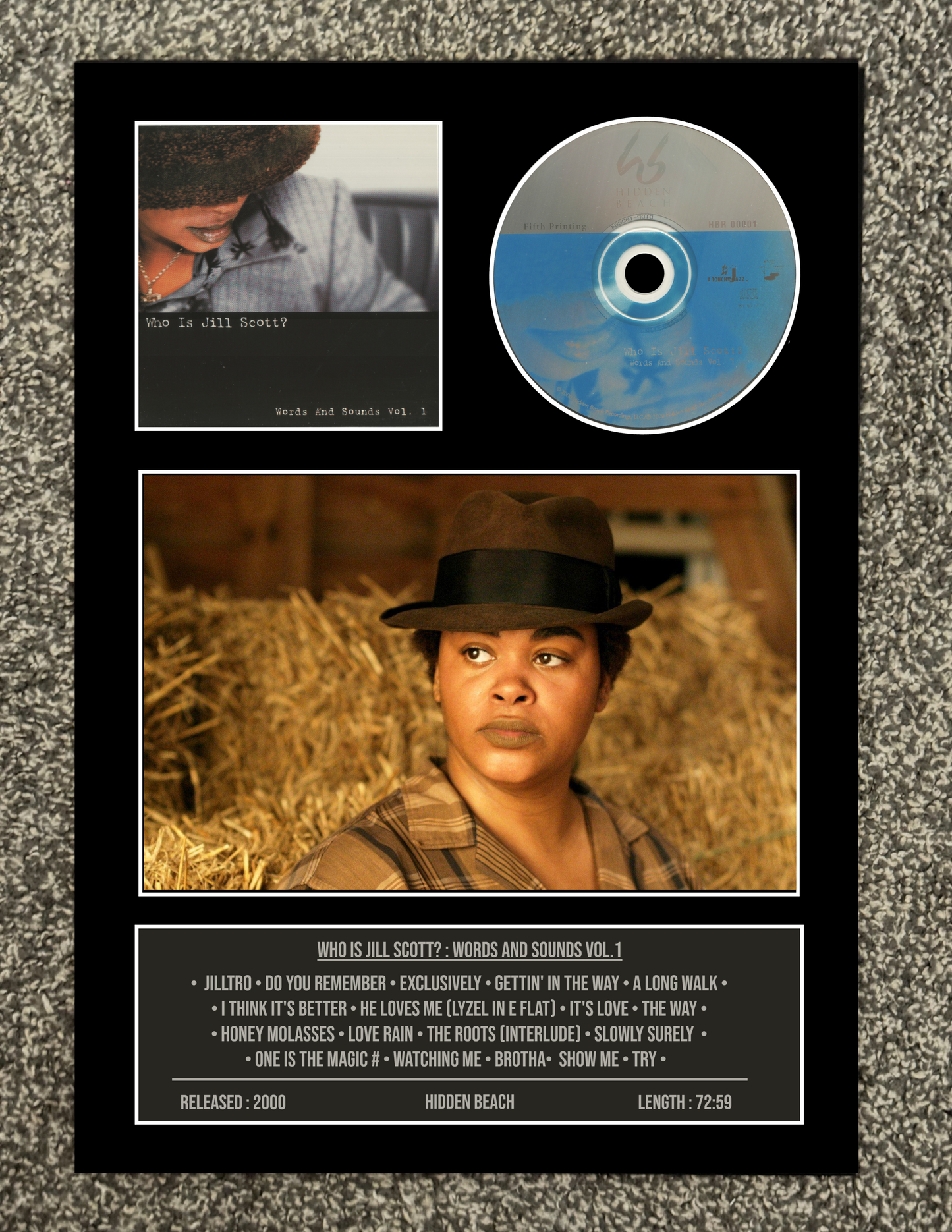 CD with a person in a hat and text on a textured surface