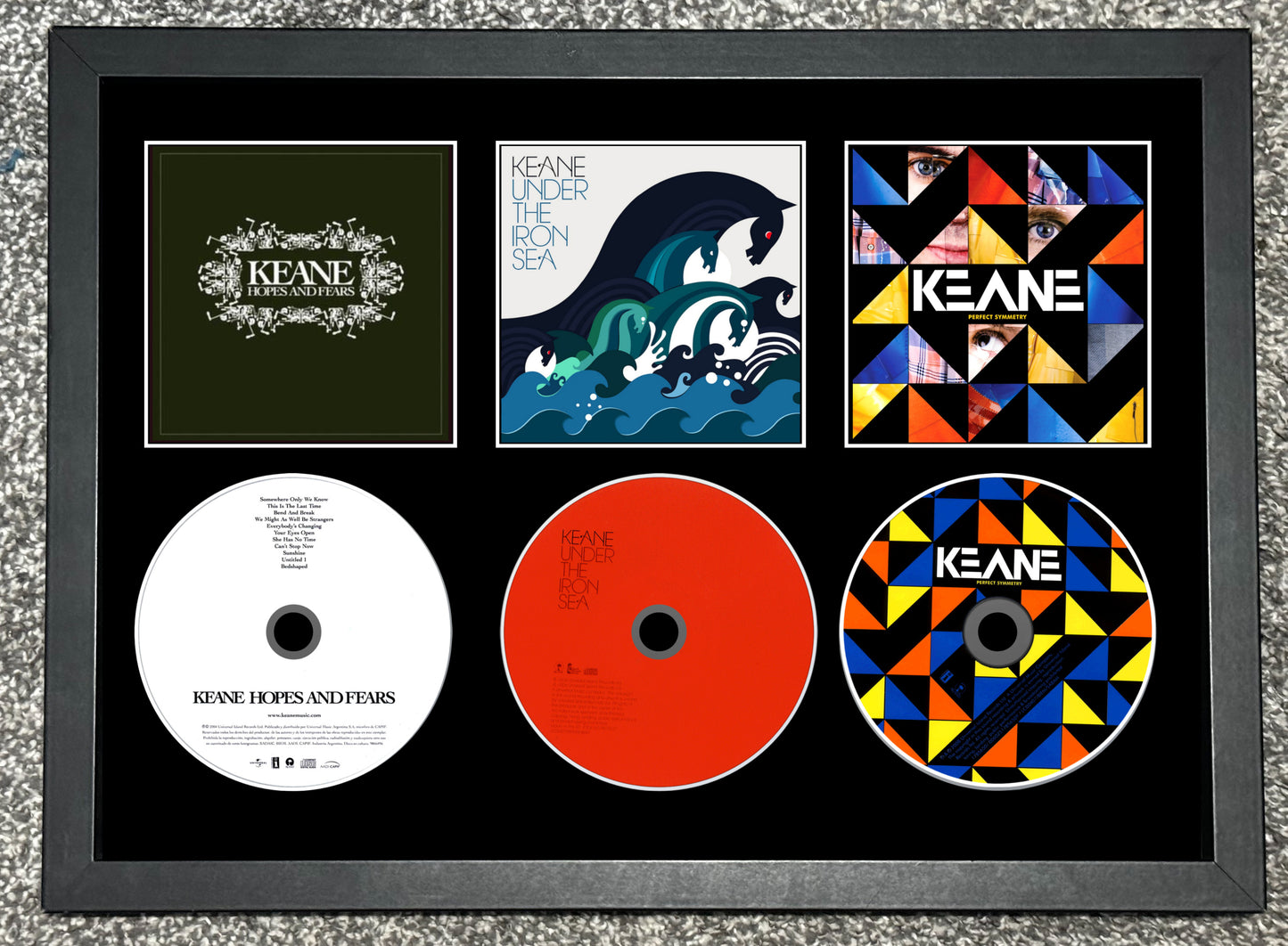 Keane | Hopes & Fears | Under The Iron Sea | Perfect Symmetry | Triple Retro Mounted CD Wall Display | Frame Not Included |