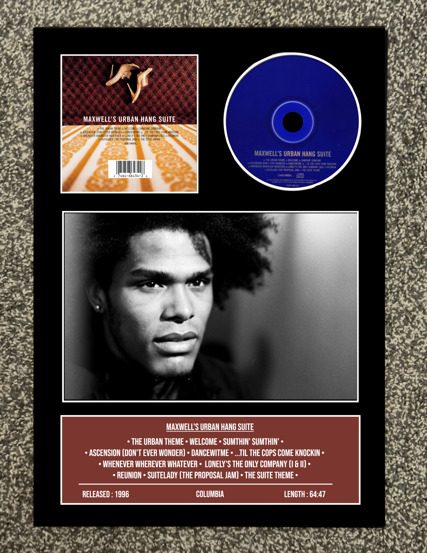 Album cover with a portrait, CD, and tracklist on a textured surface