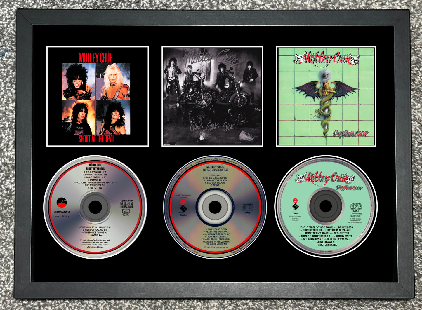 Motley Crue | Shout At The Devil | Girls Girls Girls | Dr Feelgood | Triple Retro Mounted CD Wall Display | Frame Not Included |