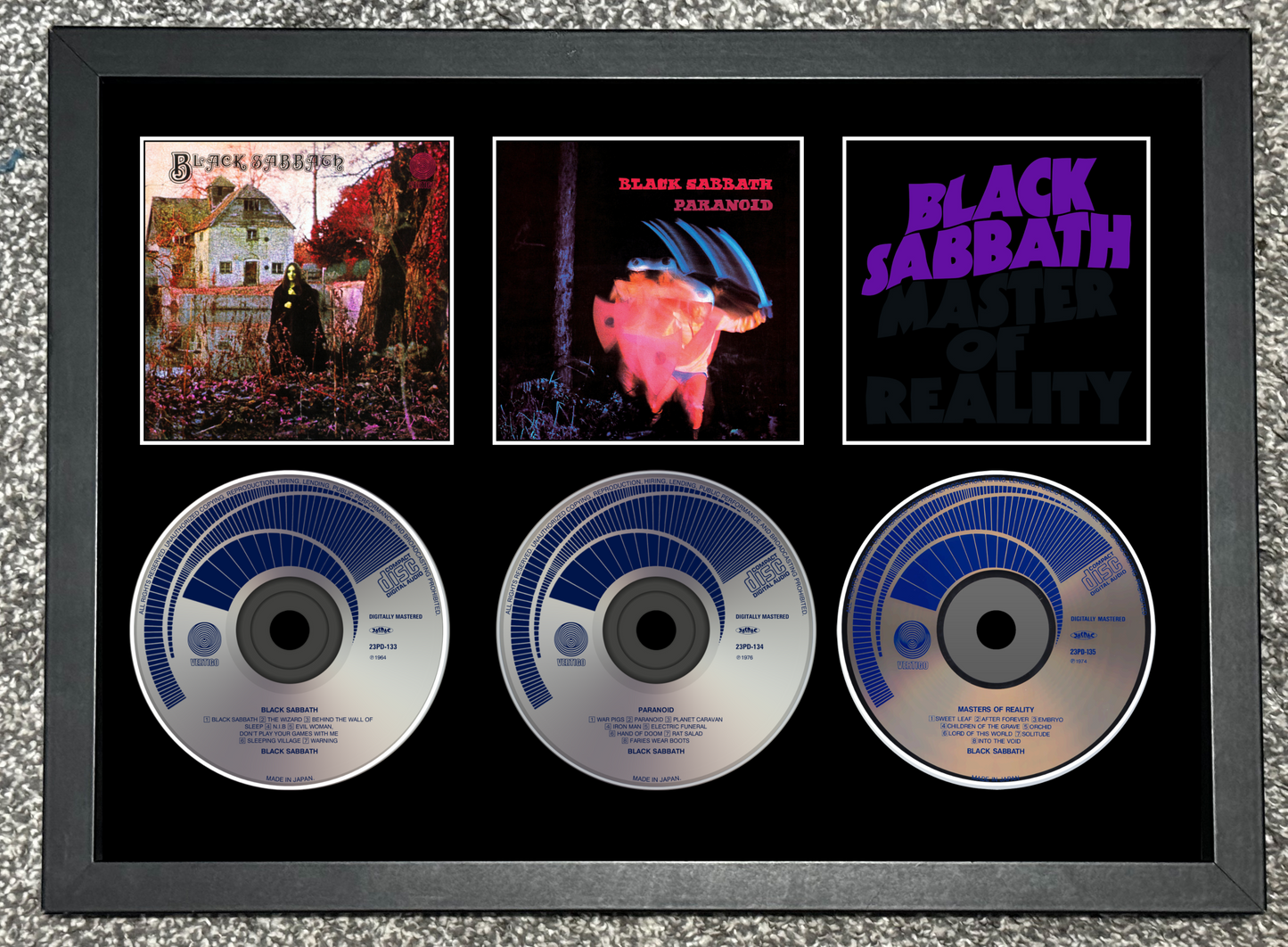 Black Sabbath | Black Sabbath | Paranoid | Master Of Reality | Triple Retro Mounted CD Wall Display | Frame Not Included |