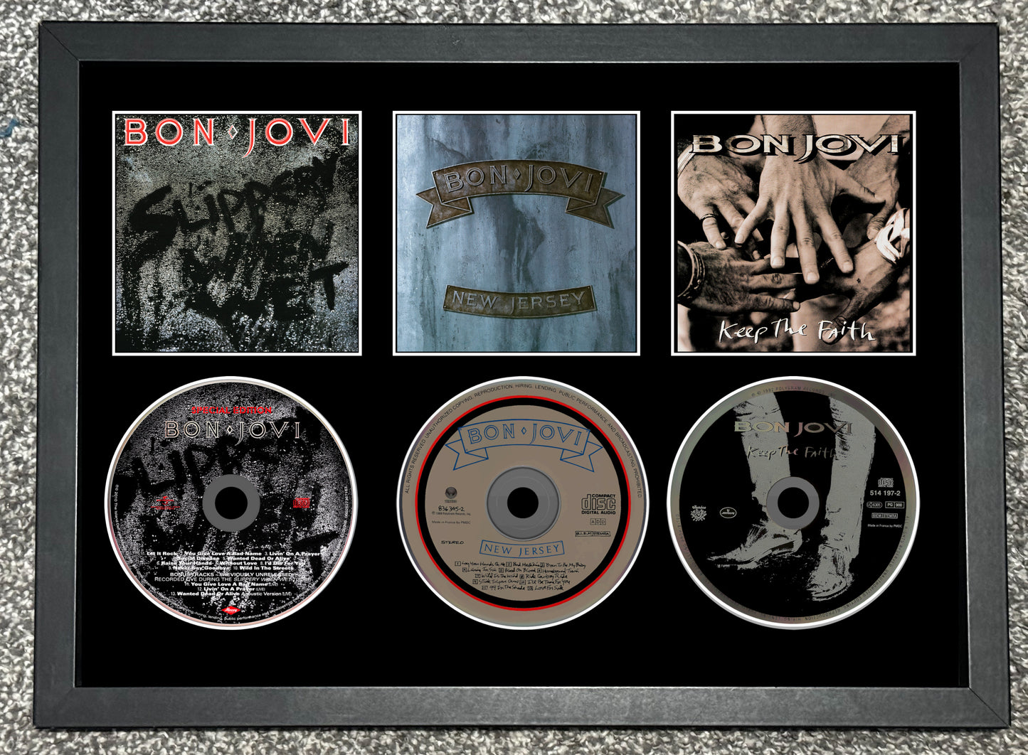 Bon Jovi | Slippery When Wet | New Jersey | Keep The Faith | Retro Triple CD Wall Display | Frame Not Included |