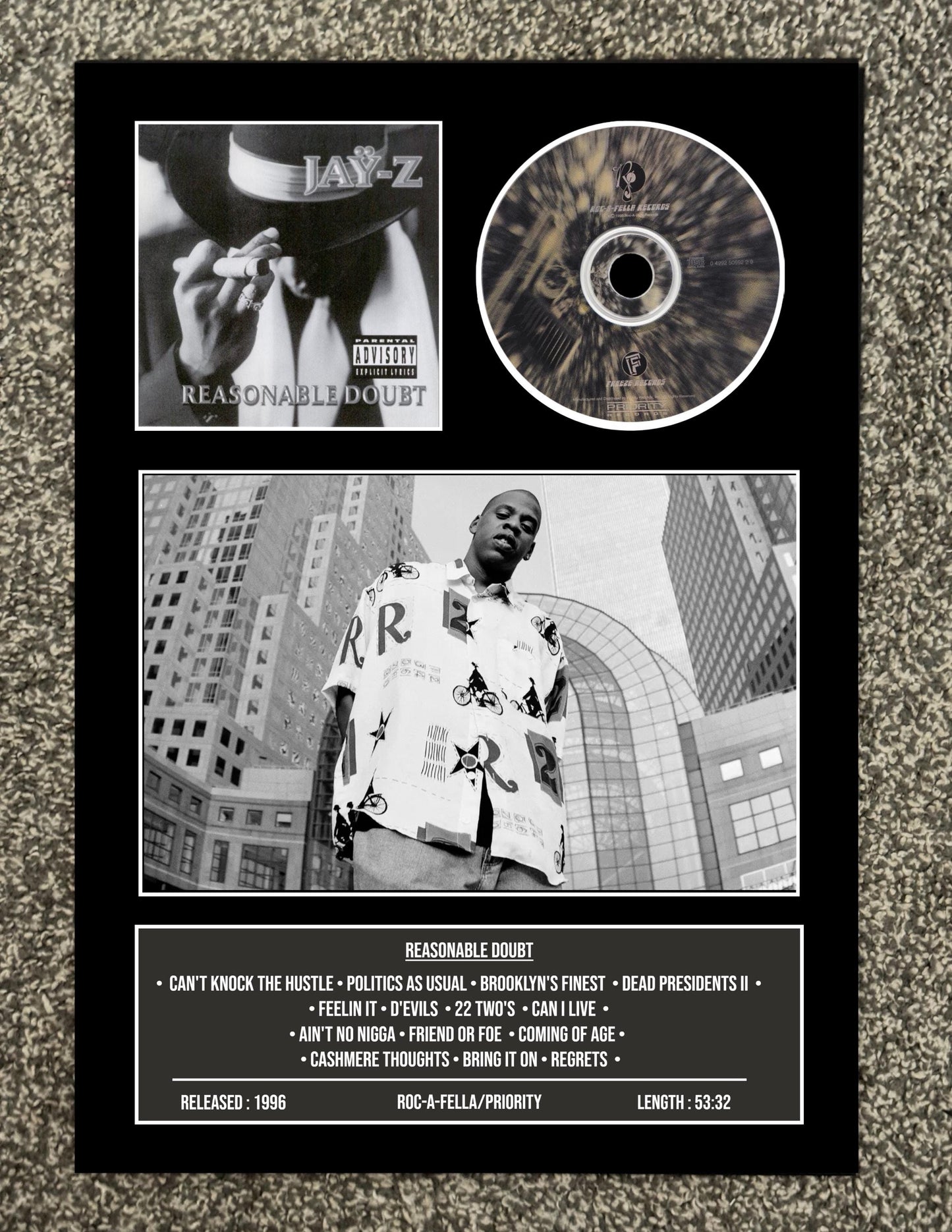 Jay-Z | Reasonable Doubt | Retro Mounted CD Wall Display | Frame Not Included |