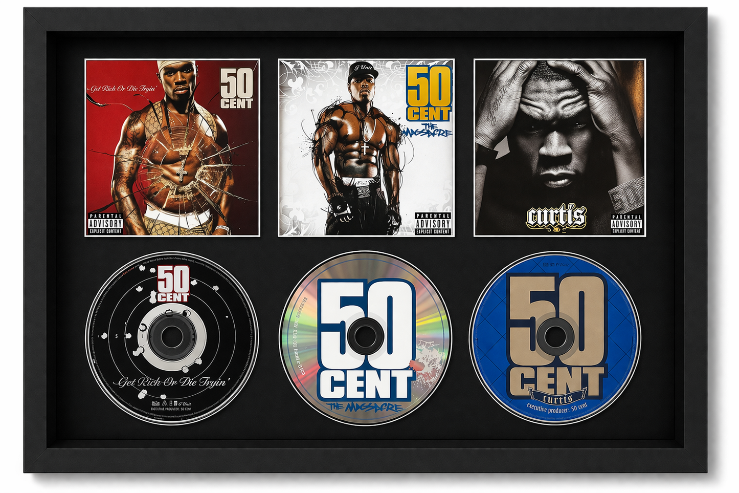 50 Cent | Get Rich or Die Tryin’ | The Massacre | Curtis | Triple Retro Mounted CD Wall Display | Frame Not Included |