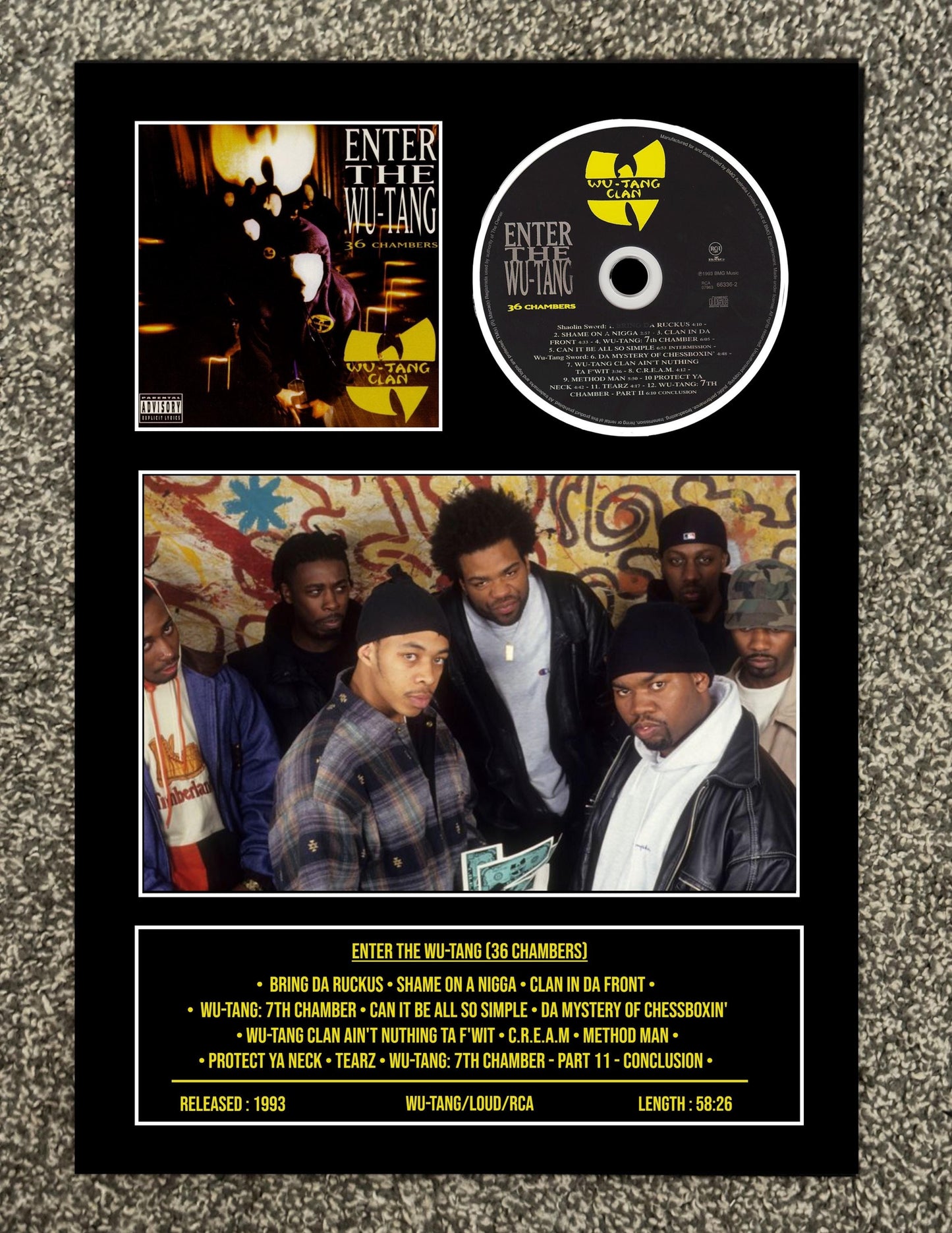 Wu-Tang Clan  | Enter The Wu-Tang : 36 Chambers | Retro Mounted CD Wall Display | Frame Not Included |