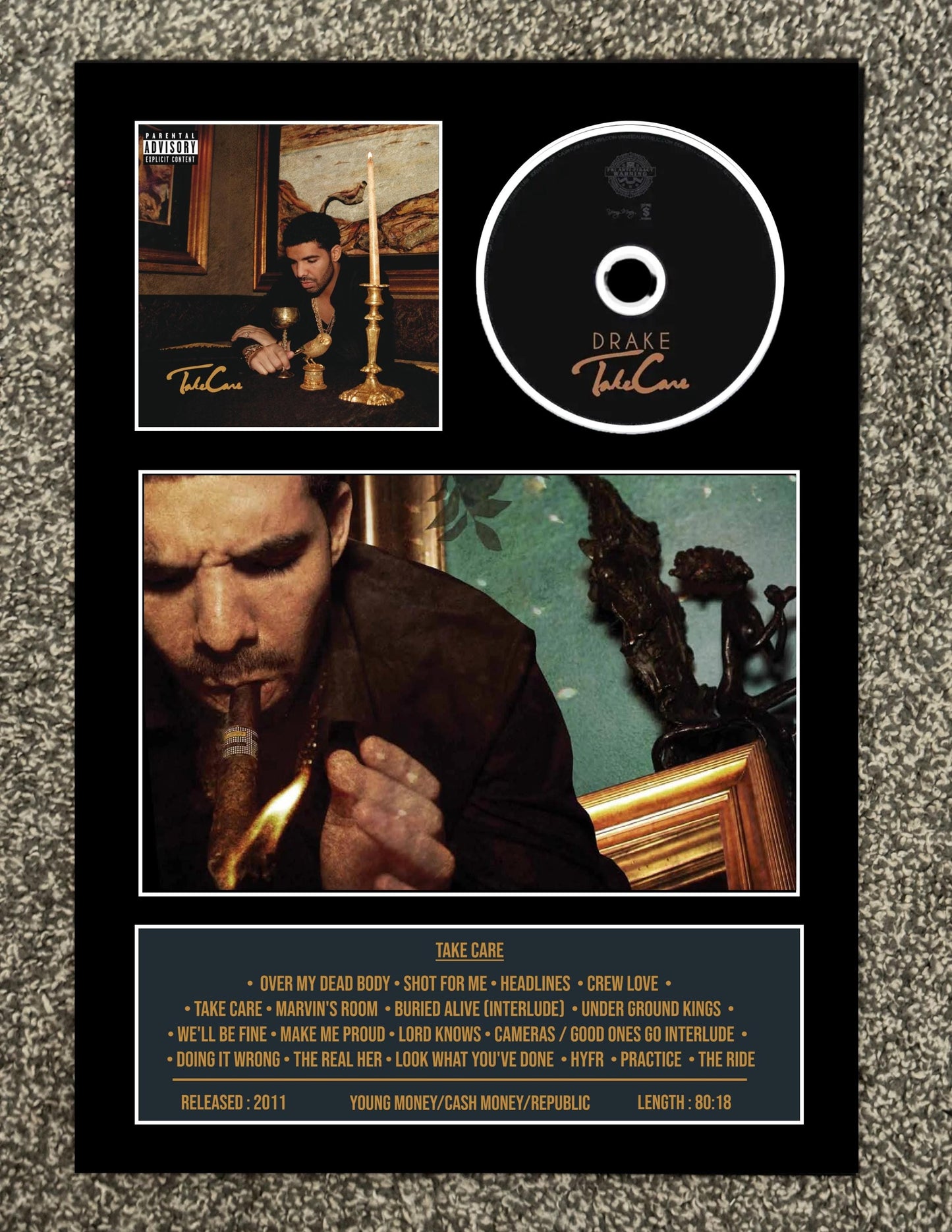 Drake | Take Care | Retro Mounted CD Wall Display | Frame Not Included |