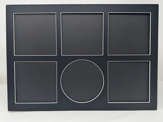 Black frame with five square slots and one circular slot on a white background