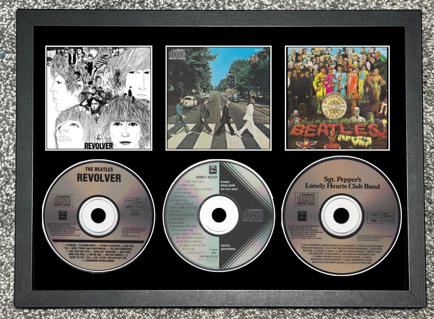 The Beatles | Revolver | Abbey Road | Sgt Pepper's Lonely Hearts Club | Retro Triple CD Wall Display | Frame Not Included |