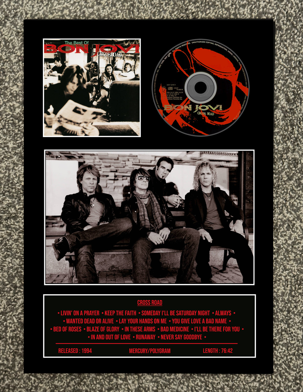 Bon Jovi | Cross Road Greatest Hits | Retro Mounted CD Wall Display | Frame Not Included |