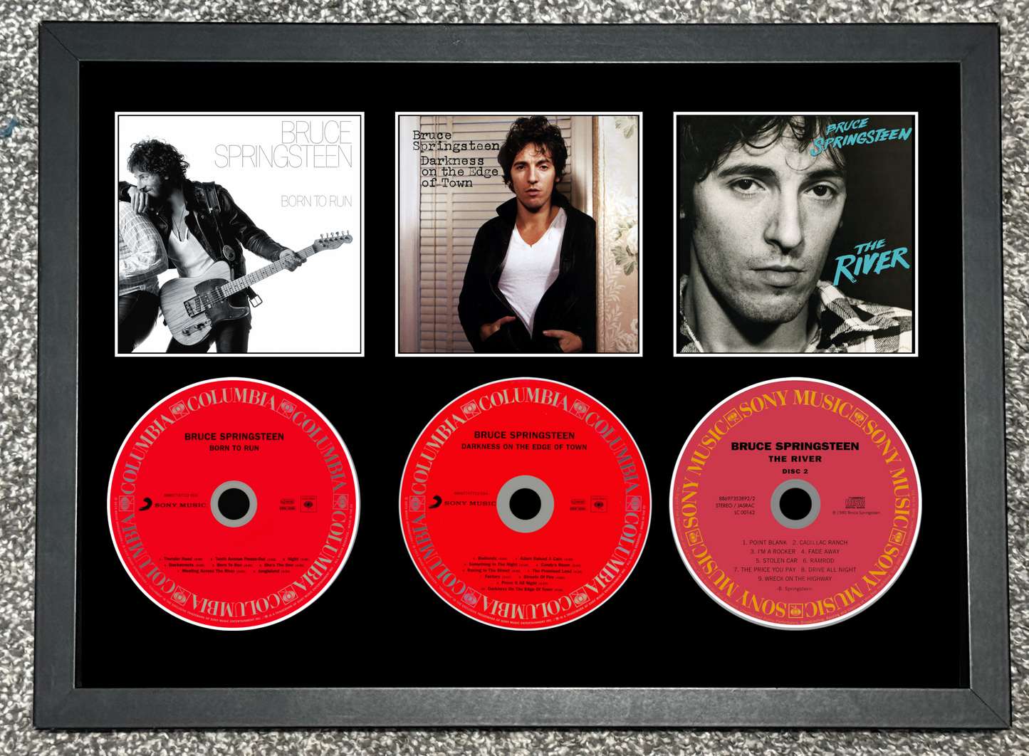 Bruce Springsteen | Born To Run | Darkness On The Edge Of Town | The River | Triple Retro Mounted CD Wall Display | Frame Not Included |