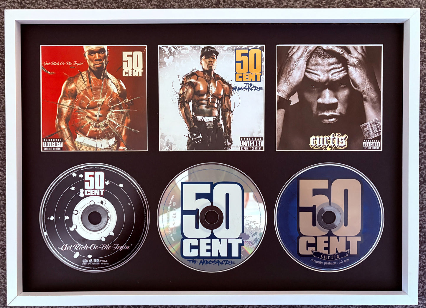 50 Cent | Get Rich or Die Tryin’ | The Massacre | Curtis | Triple Retro Mounted CD Wall Display | Frame Not Included |