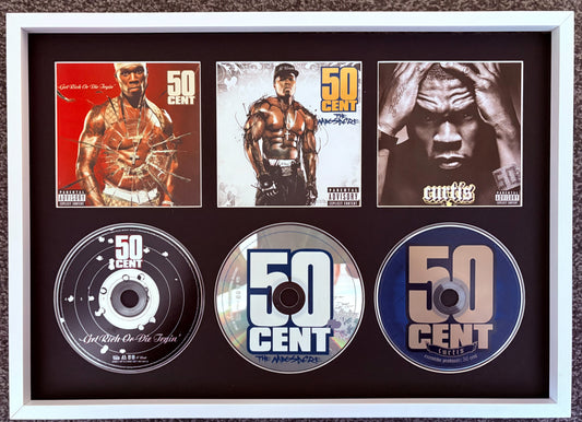 50 Cent | Get Rich or Die Tryin’ | The Massacre | Curtis | Triple Retro Mounted CD Wall Display | Frame Not Included |