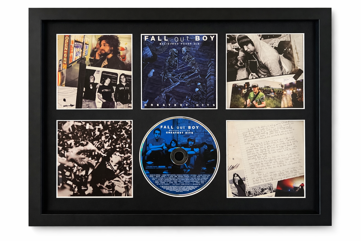 Framed collectible featuring Fall Out Boy album and photos