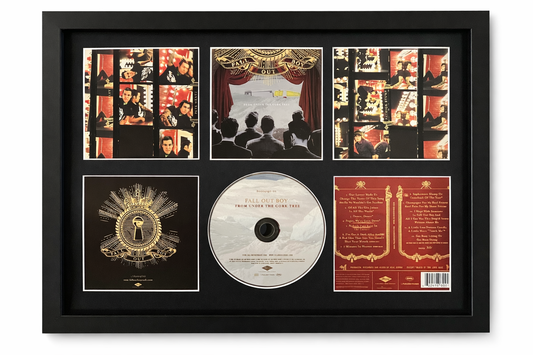 Framed music CD and cover with decorative elements on a white background