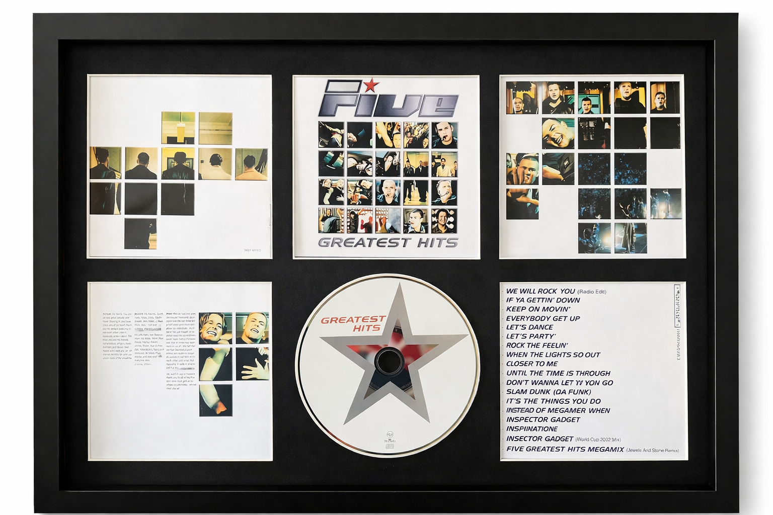 Framed album cover with disc and collage of images on a white background