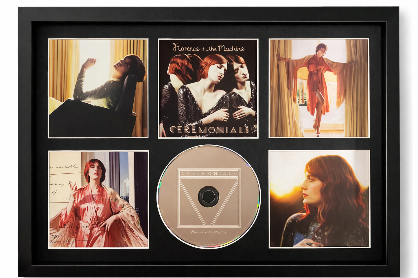 Framed album cover of 'Ceremonials' by Florence + The Machine with a central disc.