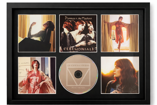Framed album cover of 'Ceremonials' by Florence + The Machine with a central disc.