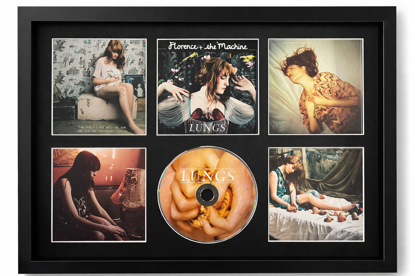 Framed artwork with album cover and CD of Florence + The Machine's 'Lungs' on a white background