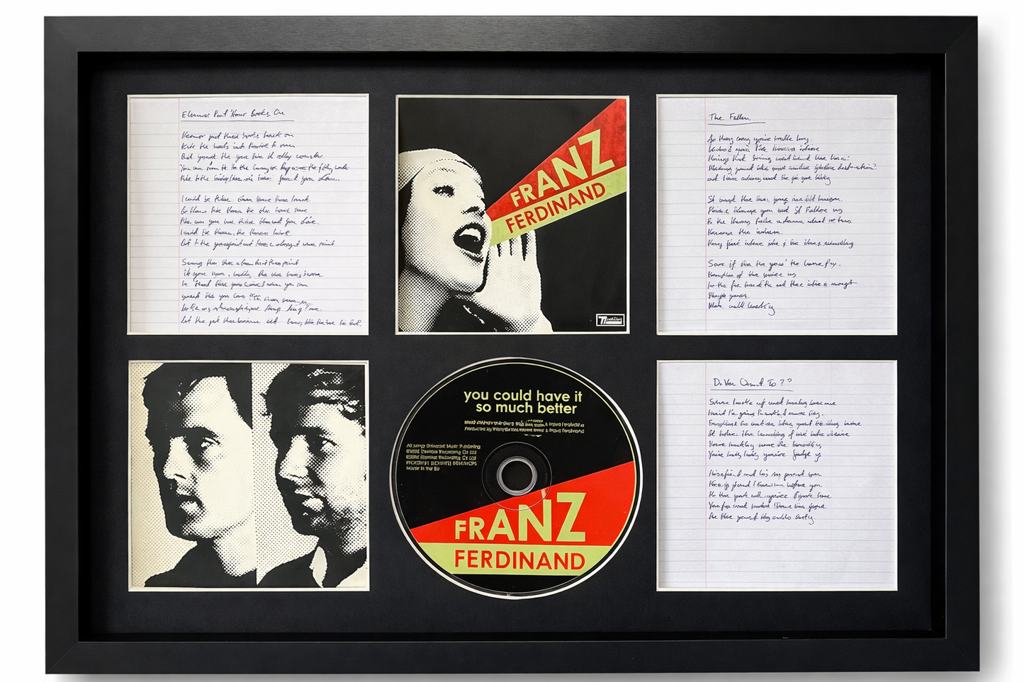 Framed music memorabilia including a CD and lyrics for Franz Ferdinand.