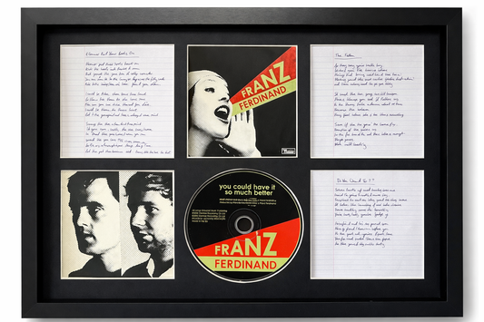 Framed music memorabilia including a CD and lyrics for Franz Ferdinand.