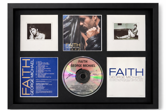 Framed collection of George Michael's 'Faith' album including cover, CD, and liner notes.