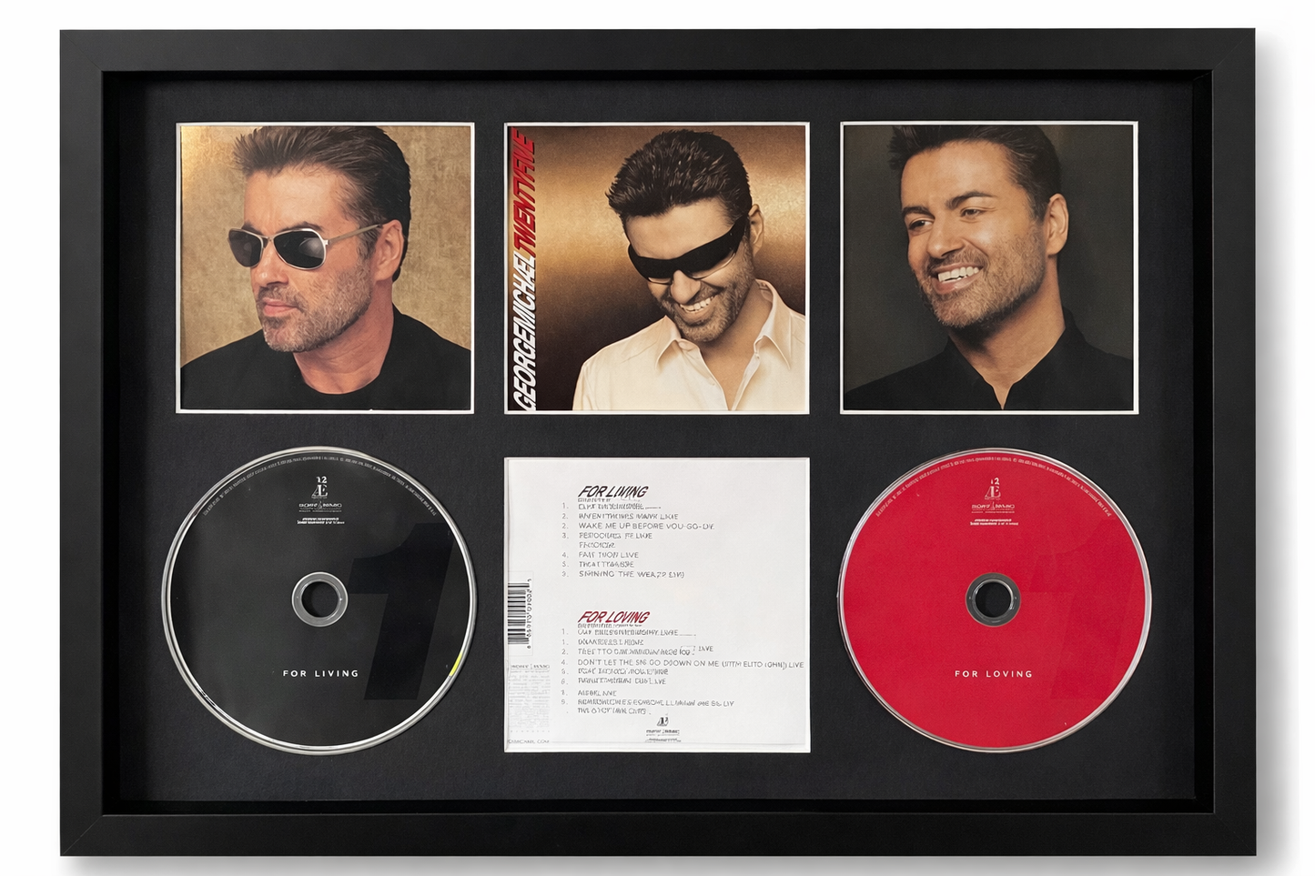 Framed music album cover with three portraits and two CDs inside