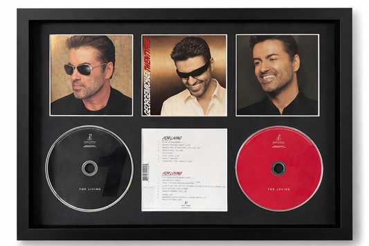 Framed music album cover with three portraits and two CDs inside