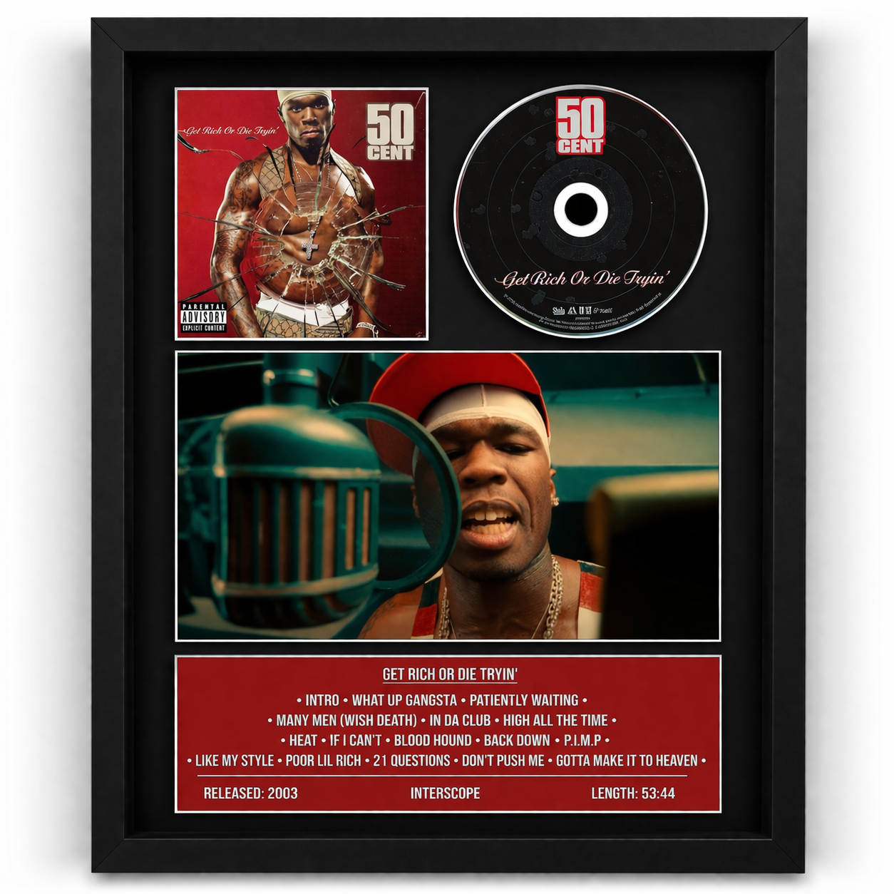 Framed 50 Cent album cover with CD and tracklist