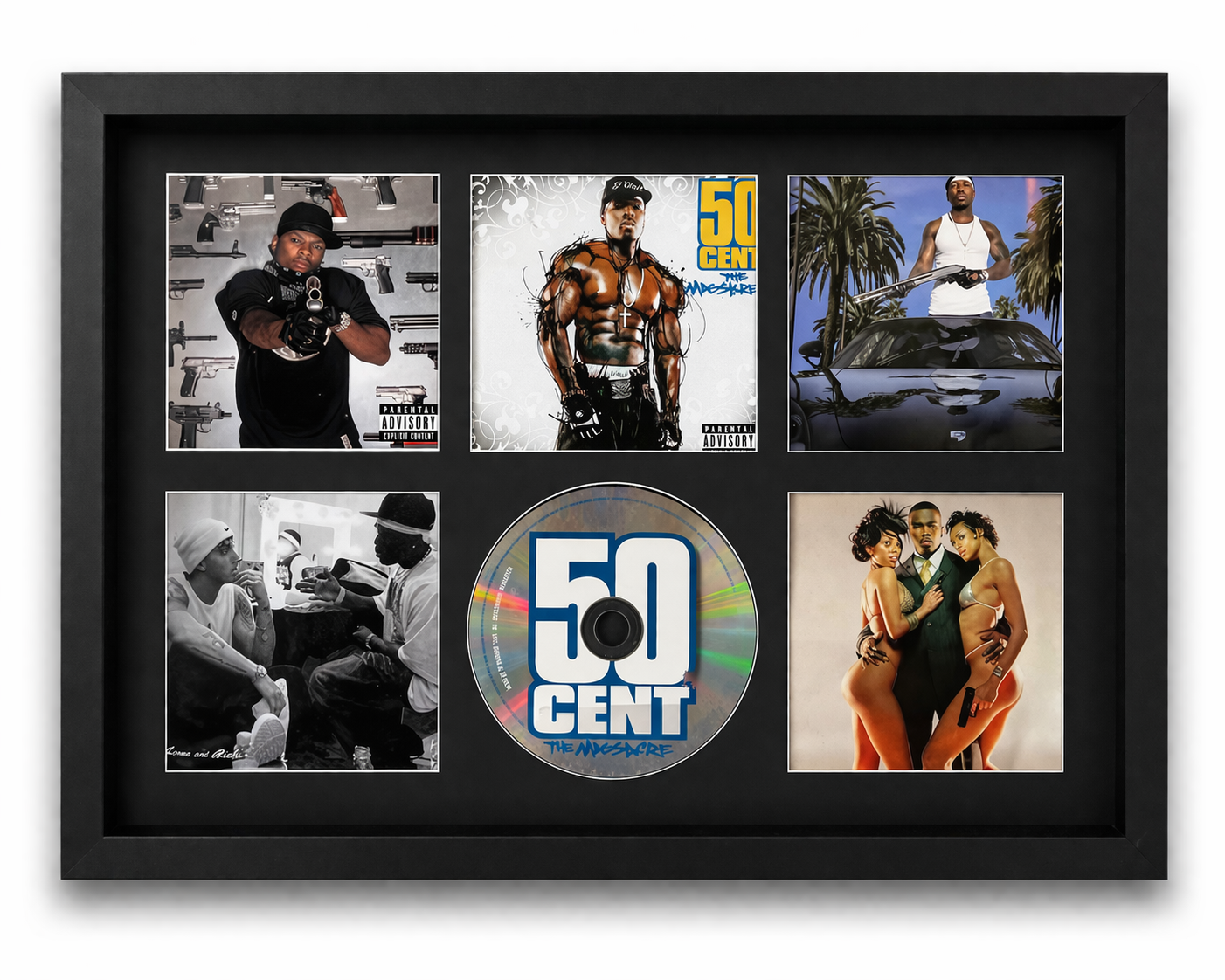 Framed collage of 50 Cent album covers and a CD with the artist's name.