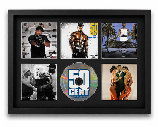 Framed collage of 50 Cent album covers and a CD with the artist's name.