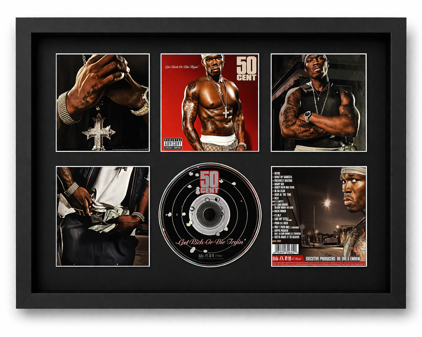Framed collectible featuring 50 Cent with a CD and cover in a black frame.