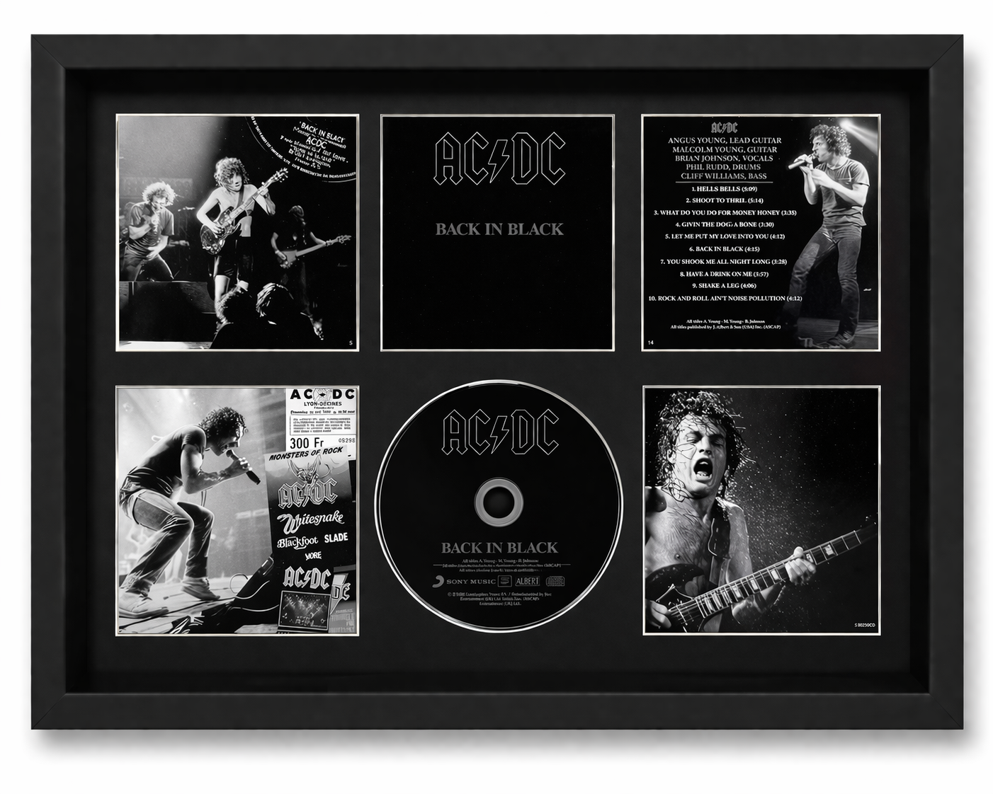 Framed AC/DC 'Back in Black' album display with photos and disc