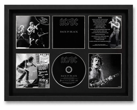 Framed AC/DC 'Back in Black' album display with photos and disc